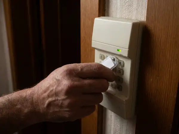 Badge sans contact présenté devant un clavier d'alarme