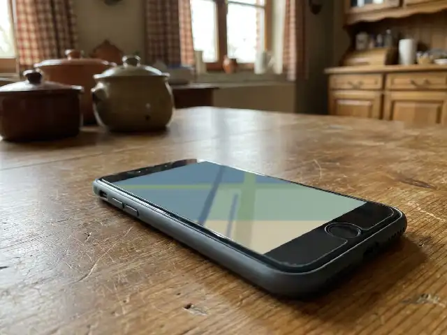 Smartphone posé sur une table de cuisine pour piloter l'alarme